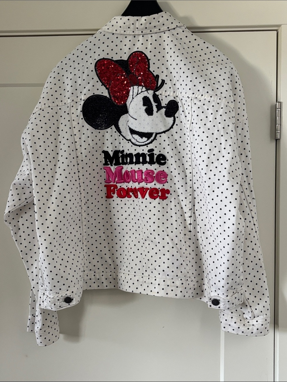 Disney White Polka Dot Jean Jacket with Red Glitter Bow